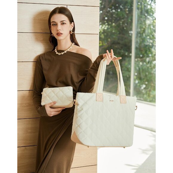 Prite Women Beige Polyester Compartment Quilted Puffer Shoulder Tote Work Bag - Picture 2 of 7